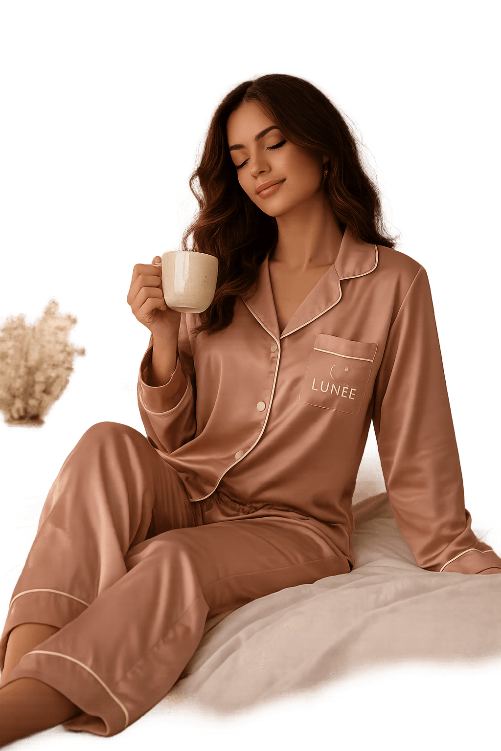 Modelo vestindo pijama acetinado Pijamas Lunee